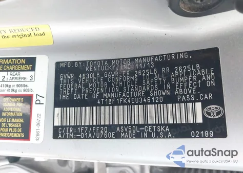 2014 Toyota Camry Se from USA, damaged, VIN 4T1BF1FK4EU346120